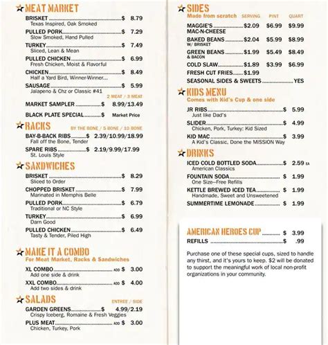 Mission barbeque menu - MISSION BBQ in Parma, OH, is a sought-after American restaurant, boasting an average rating of 4.6 stars. Here’s what diners have to say about MISSION BBQ. Today, MISSION BBQ opens its doors from 11:00 AM to 9:00 PM. Whether you’re curious about how busy the restaurant is or want to reserve a table, call ahead at (216) 487-6274.